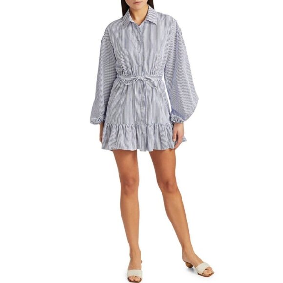 CINQ À SEPT 'Kelly' Balloon-Sleeve Ruffle-Hem Mini-Dress, Blue/White - Picture 1 of 4
